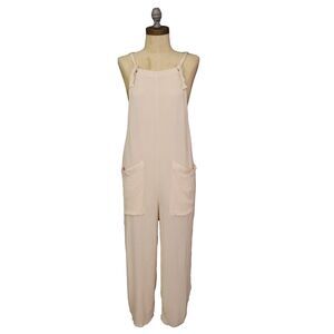 HI RES Juniors Semi-Sheer Gauze Overalls L Crop Straight Leg Beige Airy NEW B23